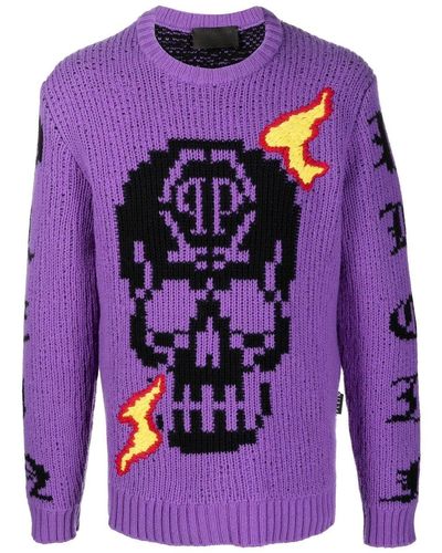 Philipp Plein Skull Logo Embroidered Sweater - Purple
