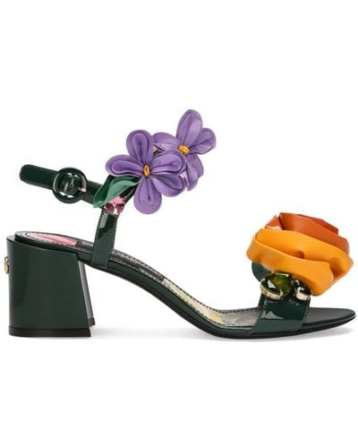 Dolce & Gabbana Leather Floral Heeled Sandals - Multicolour