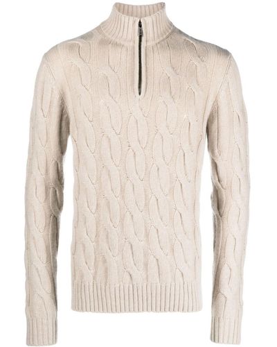 Moorer Ribbed Zip-front Cashmere Sweater - Natural