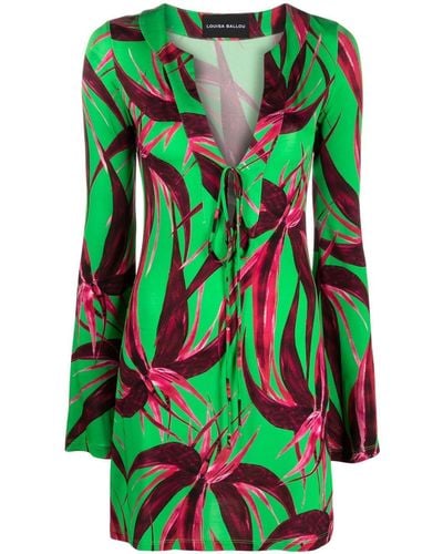 Louisa Ballou Leaf-print V-neck Minidress - Green