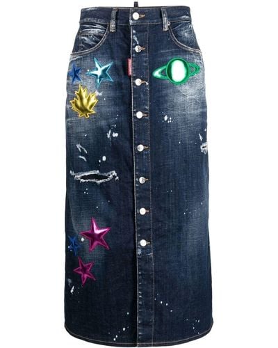DSquared² Distressed Patch-detail Denim Skirt - Blauw