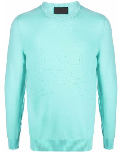 Philipp Plein Fine-knit Skull-motif Sweater - Blue
