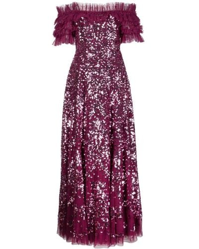 Needle & Thread Sequinned Off-shoulder Maxi Dress - Purple