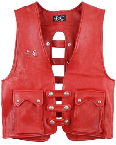 THUG CLUB Stud-embellished Leather Vest - Red