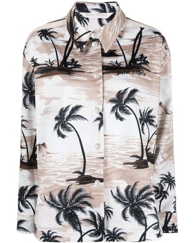 Palm Angels Tropical-print Long-sleeve Shirt - Gray