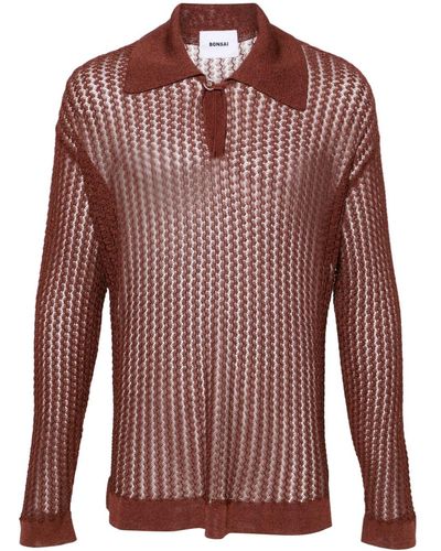 Bonsai Long-sleeve Open-knit Polo Shirt - Red