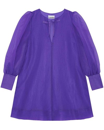 Ganni Puff-sleeve Recycled-polyester Minidress - Purple