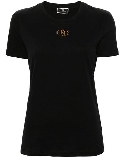 Elisabetta Franchi T-shirt en coton à logo pailleté - Noir