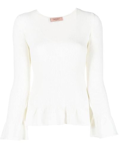 Twin Set Ruffled-trim Ribbed-knit Top - White