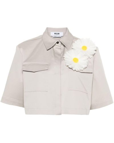 MSGM Seidenhemd mit Blumenapplikation - Weiß