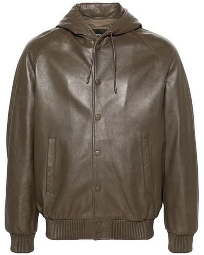 Emporio Armani Hooded Leather Bomber Jacket - Gray