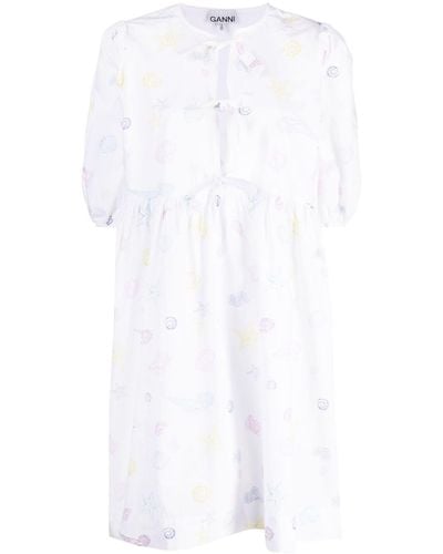 Ganni Shell-print Cotton Dress - White