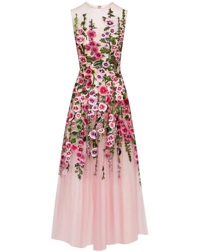 Oscar de la Renta Floral-embroidery Tulle-panels Dress - Pink