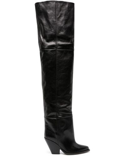 Isabel Marant 88mm Pointed Leather Knee High Boots - Black