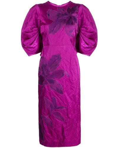 Erdem Floral-embroidered Puff-sleeve Midi Dress - Purple