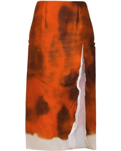 Prada Printed Satin Midi Skirt With Slit - Orange