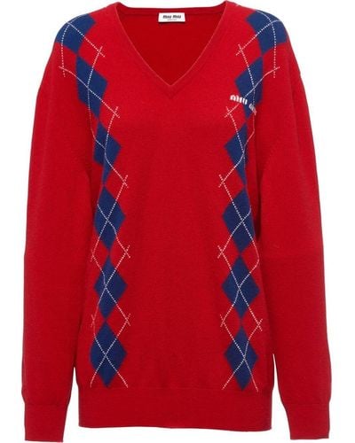 Miu Miu Intarsia Knit Cashmere Sweater - Red