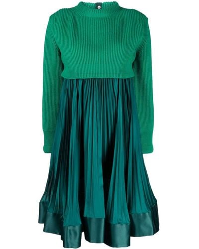 Sacai Pleated Layered Wool Dress - Green