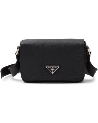 Prada Saffiano Enamel Triangle Logo Flap Shoulder Bag - Black