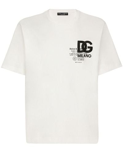Dolce & Gabbana Baumwoll-T-Shirt Mit Print Und Dg-Logostickerei - Weiß