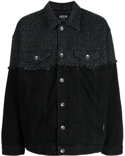 FIVE CM Spread-collar Tweed-panel Jacket - Black