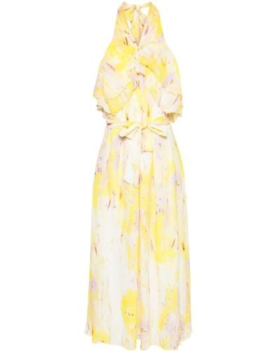 MSGM Floral-print Ruffled-detail Dress - Metallic