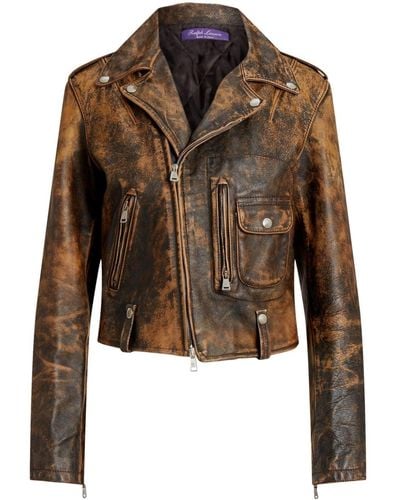 Ralph Lauren Collection Dwight Washed Leather Biker Jacket - Brown