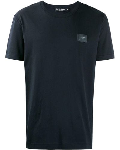 Dolce & Gabbana Cotton V-neck T-shirt With Branded Plate - Blue