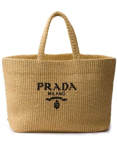 Prada Crochet Logo-embroidered Tote Bag - Natural