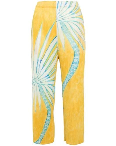 Pleats Please Issey Miyake Palm-print Plissé Pants - Yellow