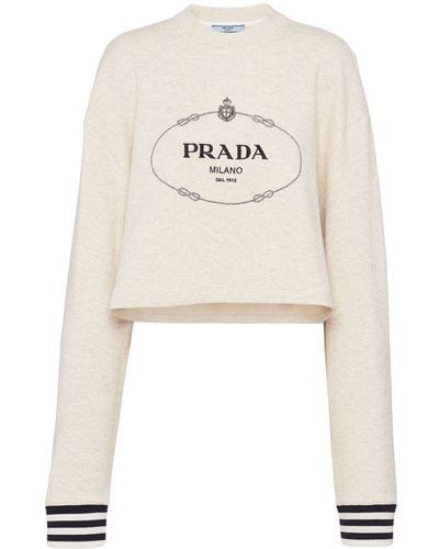 Prada Logo-embroidered Cotton Fleece Sweatshirt - Natural