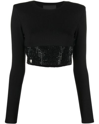 Philipp Plein Crystal-embellished Cropped Long-sleeved Top - Black