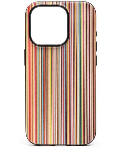 Paul Smith Signature Stripe Leather Iphone 15 Pro Case - Red