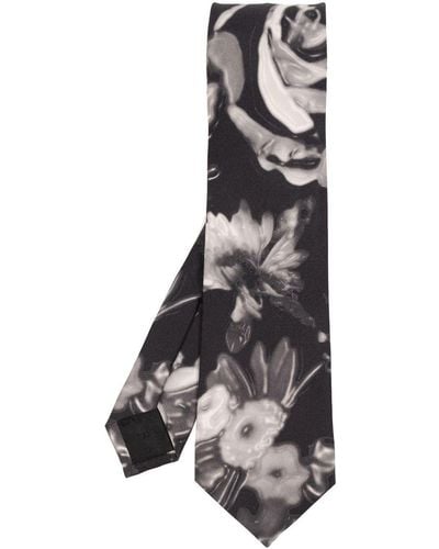 Alexander McQueen Floral Print Silk Tie - White