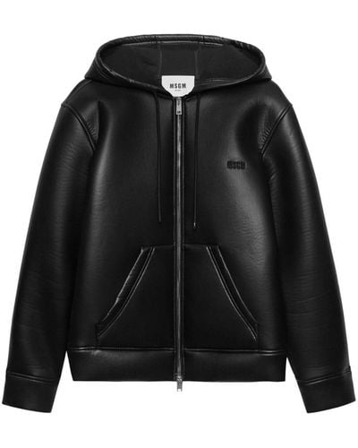 MSGM Zip-up Leather Hoodie - Black