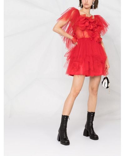 Loulou Vestido corto de tul con apliques florales - Rojo