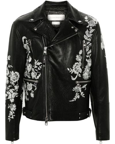 Alexander McQueen Floral-embroidered Leather Biker Jacket - Zwart