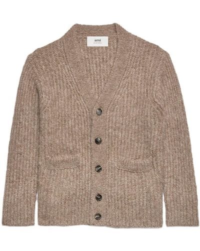 Ami Paris V-neck Rib-knit Cardigan - Brown