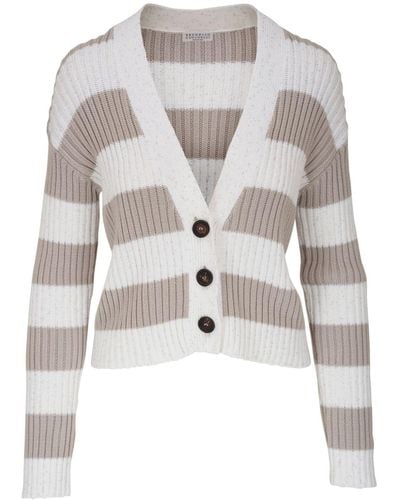 Brunello Cucinelli Striped Ribbed-knit Cardigan - White