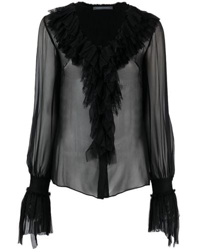 Alberta Ferretti Semi-sheer Ruffled Silk Blouse - Black