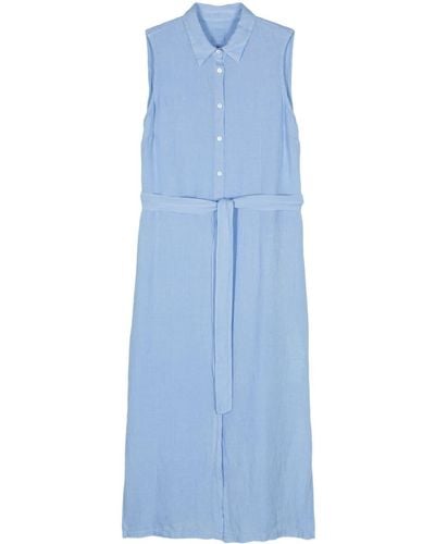 120% Lino Cotton Belted Midi Dress - Blue