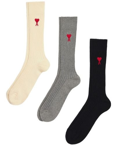 Ami Paris Pack de tres pares de calcetines con logo bordado - Blanco