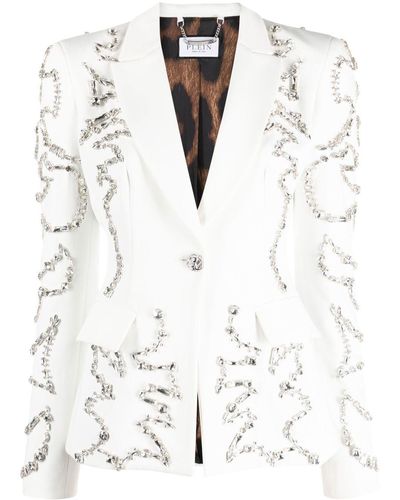 Philipp Plein Blazer boutonné à ornements en cristal - Blanc