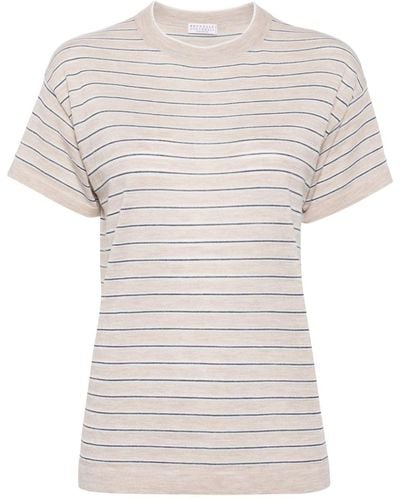 Brunello Cucinelli T-short en maille intarsia à rayures - Blanc