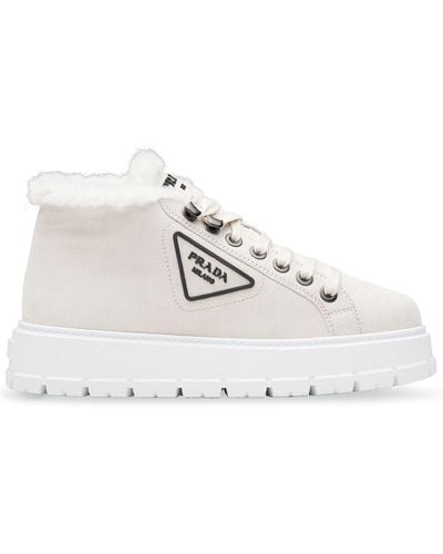 Prada Suede Lace-Up Booties - White