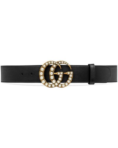 Gucci Leather Belt With Pearl Double G Buckle - Zwart