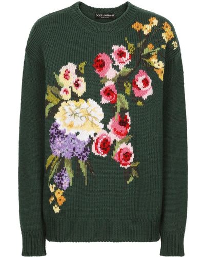 Dolce & Gabbana Floral Intarsia-knit Virgin Wool Sweater - Green
