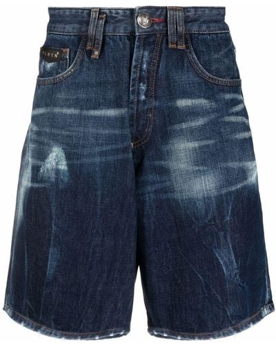 Philipp Plein Pantalones vaqueros cortos con efecto envejecido - Azul