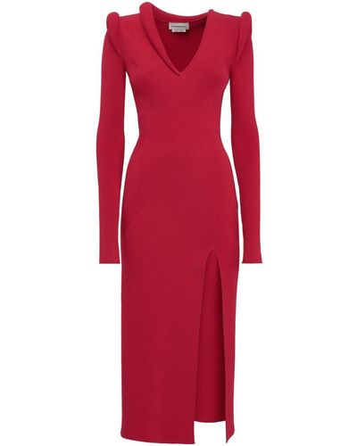 Alexander McQueen Ribbed Long-sleeve Midi Dress - Red