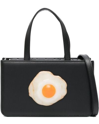 Puppets and Puppets Small Egg Leather Tote Bag - Black